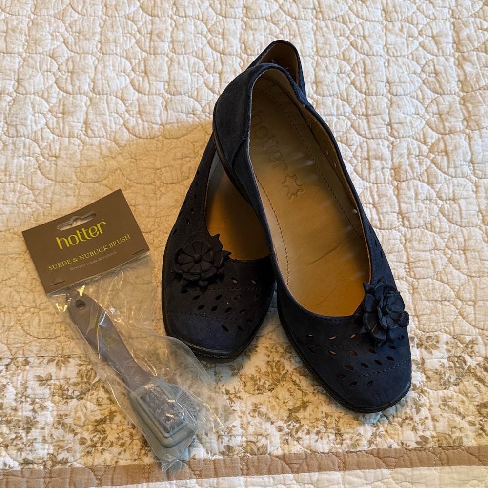 hotter Navy Suede Floral Ballet Flats